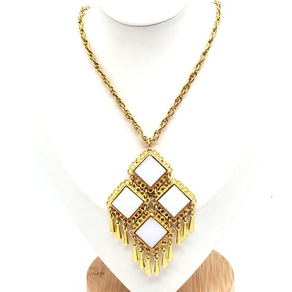 Celebrity Black White Pendant Necklace Clip Earrings Gold Fringe Retro Statement - Picture 6 of 11
